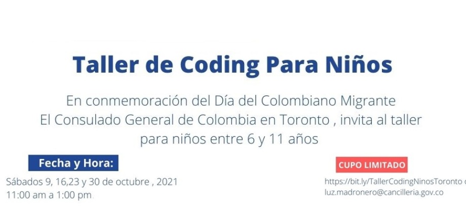 El taller presencial: Coding para Niños se realizará los sábados 9, 16, 23 y 30 de octubre de 2021 