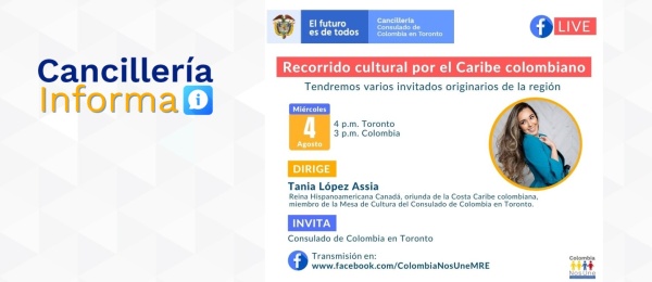 El Consulado de Colombia en Toronto invita a conectarse al Recorrido cultural por el Caribe colombiano, el 4 de agosto de 2021