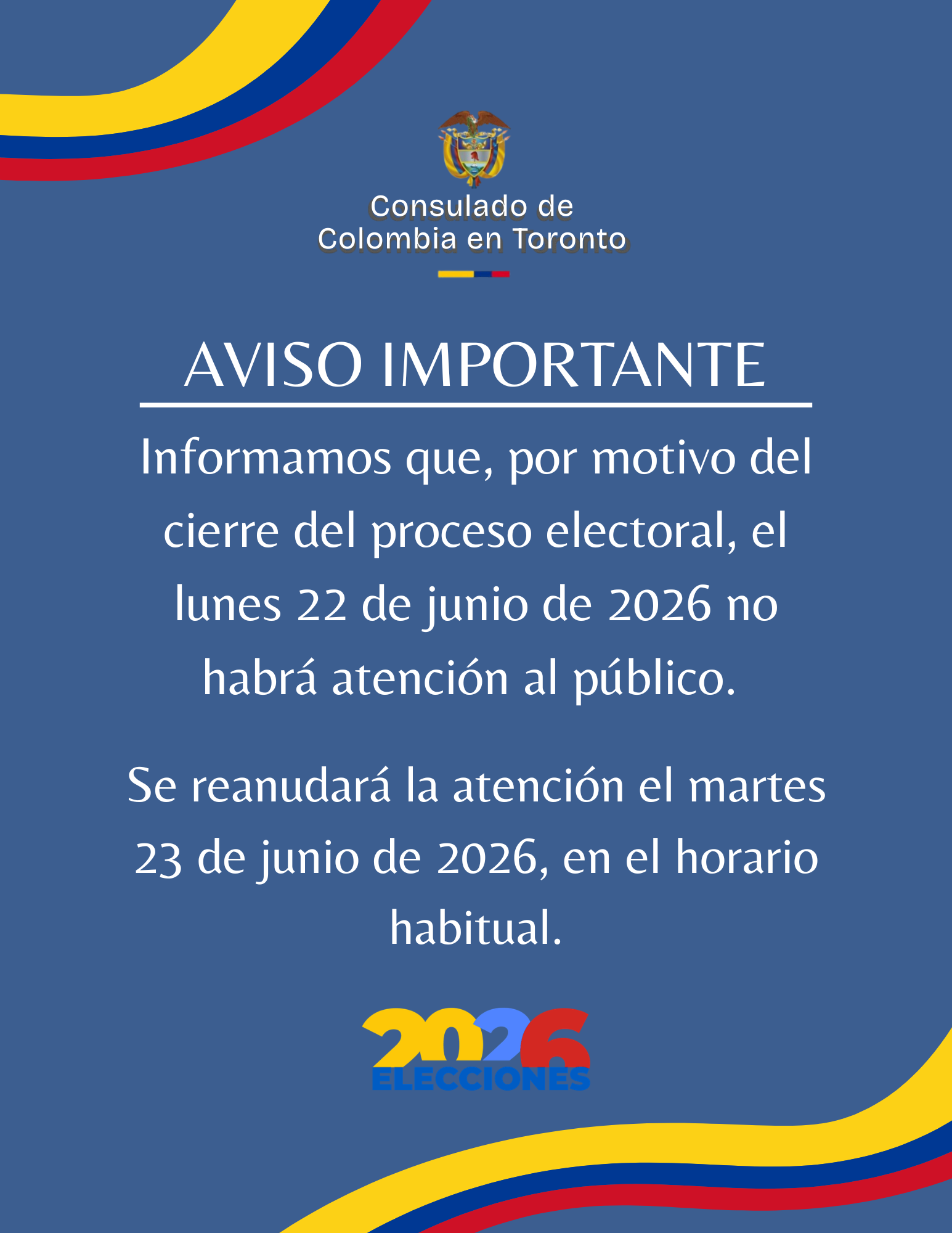 No habrá atención al público el lunes 22 de junio de 2026