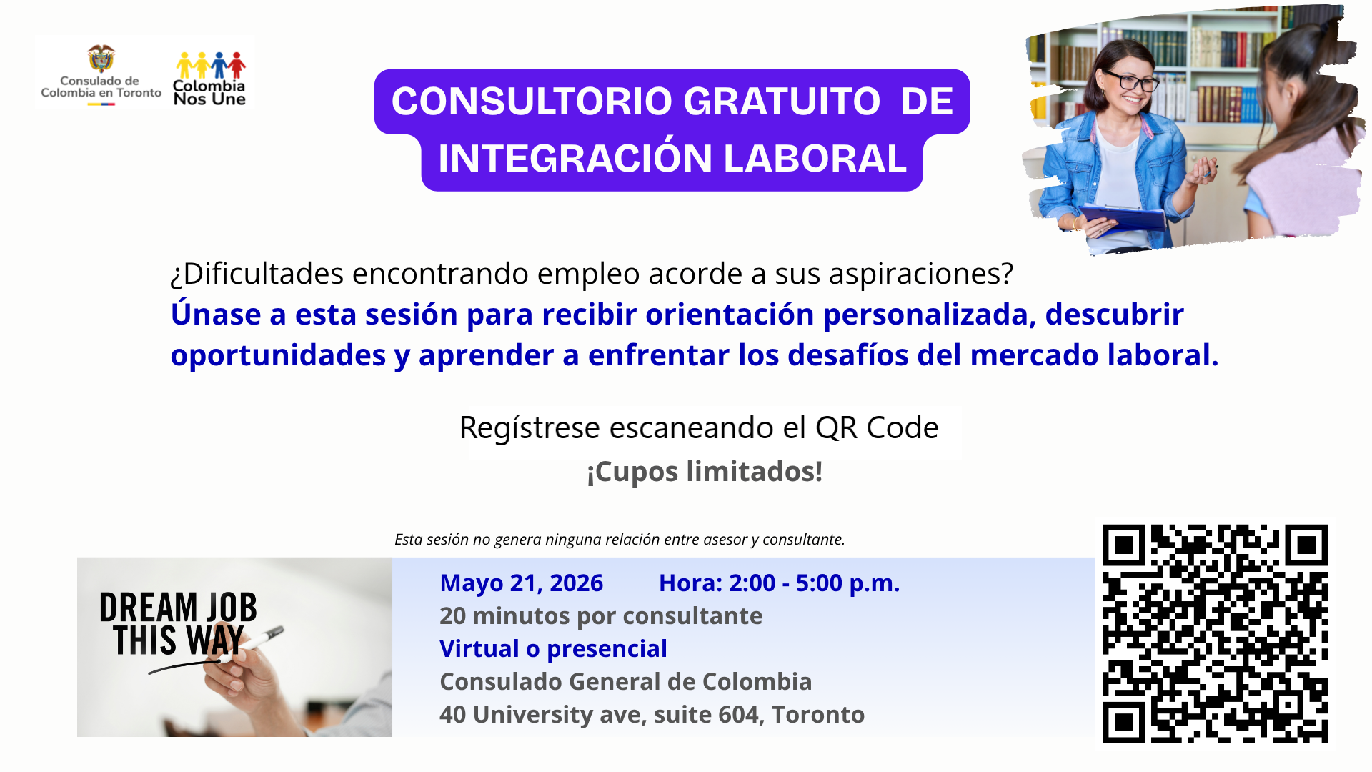 Este 21 de mayo se realiza el consultorio de Integración y crecimiento laboral 