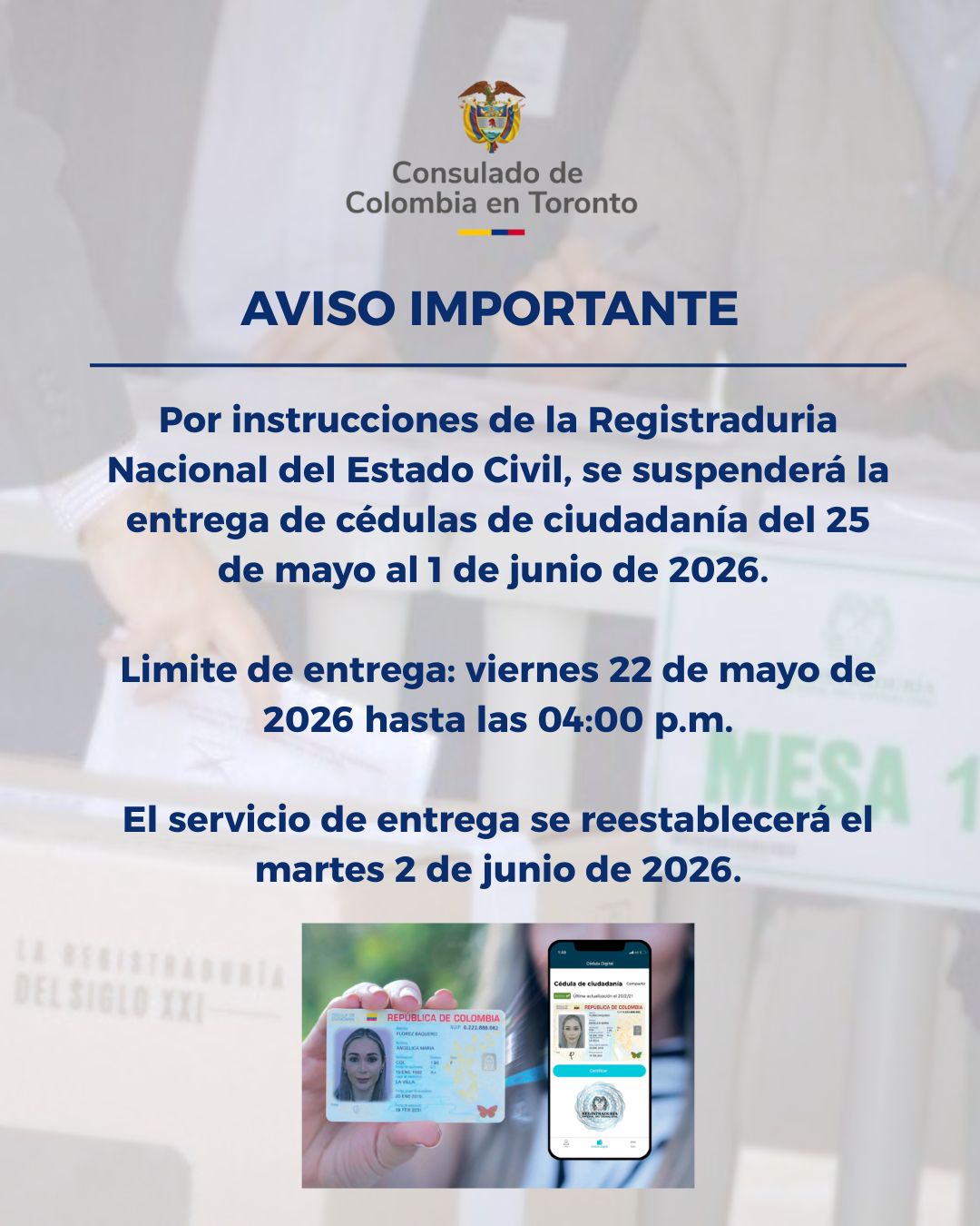 AVISO IMPORTANTE: SUSPENSIÓN TEMPORAL DE ENTREGA DE CÉDULAS