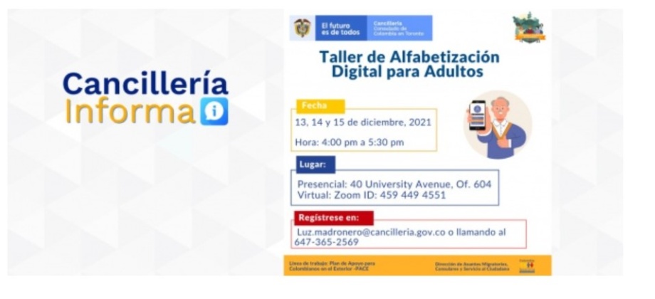 El Consulado en Toronto invita al taller de Alfabetización Digital para Adultos Mayores, del 13 al 15 de diciembre de 2021