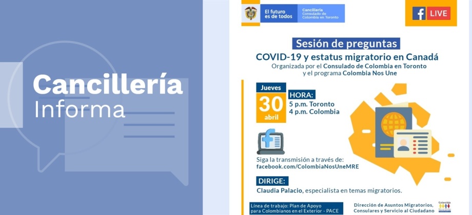 Consulado de Colombia en Toronto invita a la charla virtual ‘COVID-19 y estatus migratorio en Canadá’ el 30 de abril de 2020