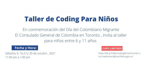 El taller presencial: Coding para Niños se realizará los sábados 9, 16, 23 y 30 de octubre de 2021 