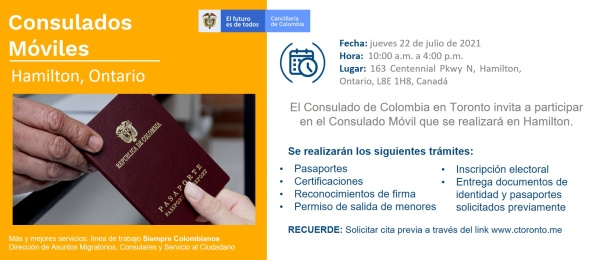 Consulado de Colombia en Toronto realizará el Consulado Movil en Hamilton, el 22 de julio de 2021