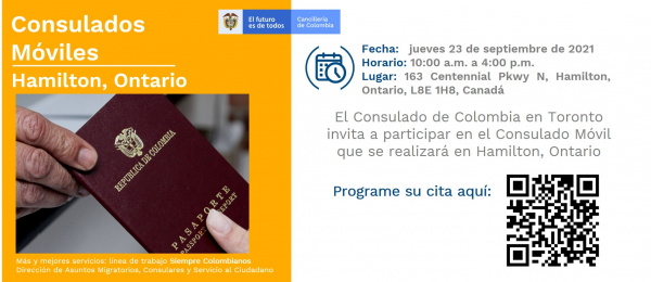 El Consulado de Colombia en Toronto realizará un Consulado Móvil en Hamilton, Ontario, el 23 de septiembre de 2021