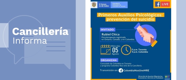 Consulado de Colombia en Toronto invita a la charla virtual ‘Primeros auxilios psicológicos, prevención del suicidio’, el 5 de agosto de 2020