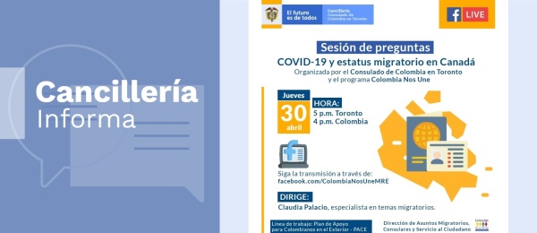 Consulado de Colombia en Toronto invita a la charla virtual ‘COVID-19 y estatus migratorio en Canadá’ el 30 de abril de 2020
