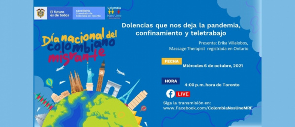 El Consulado de Colombia en Toronto invita a la charla virtual 'Dolencias que nos deja la pandemia, confinamiento y teletrabajo',  el 6 de octubre de 2021